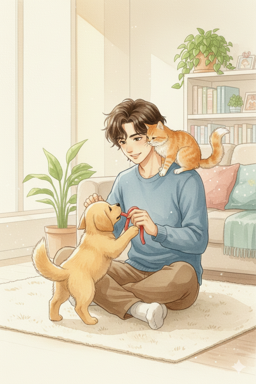 ペットとじゃれあう男子