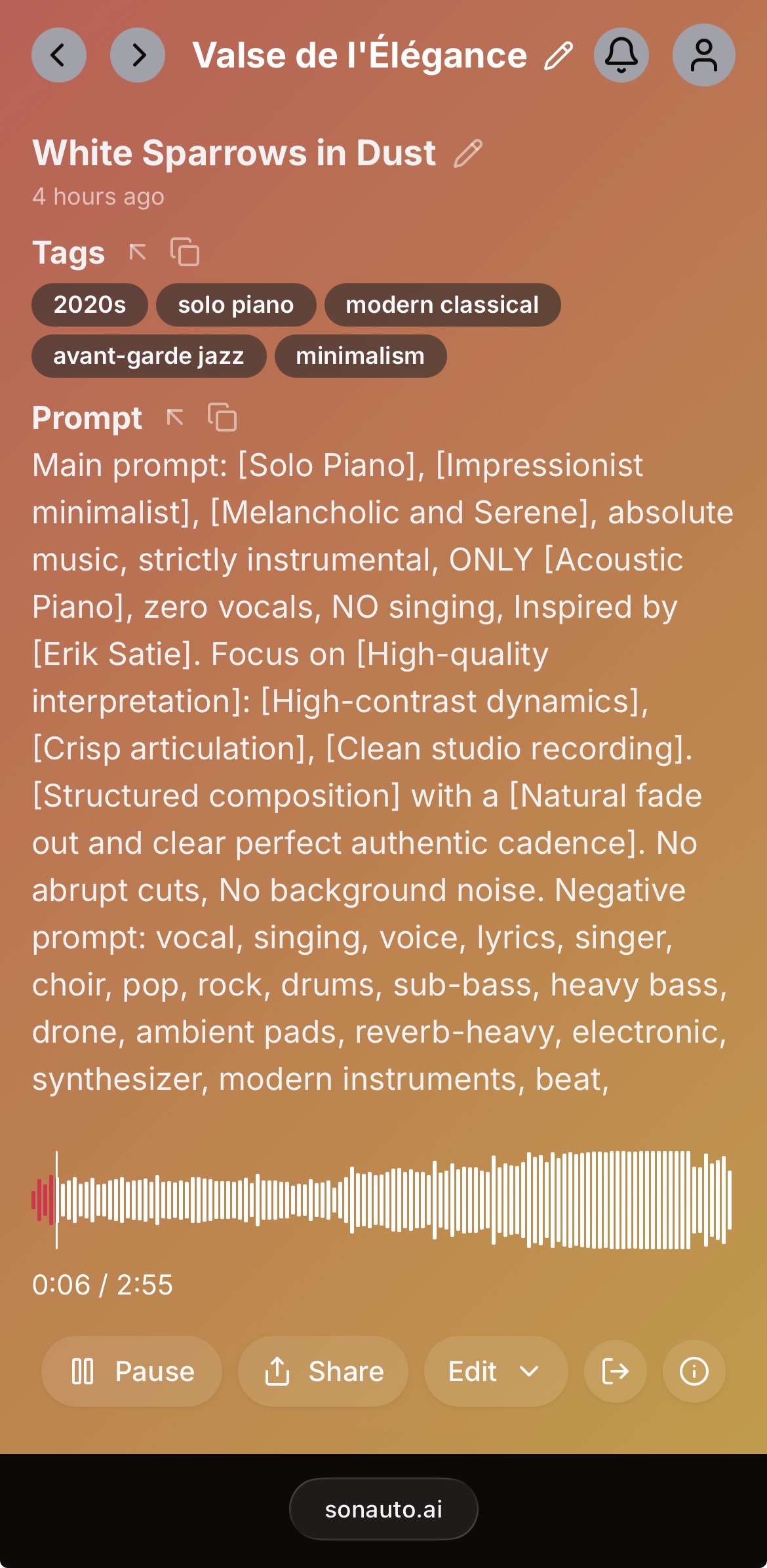 Sonauto 音楽生成プロンプト画面 (3-1) White Sparrows in Dust