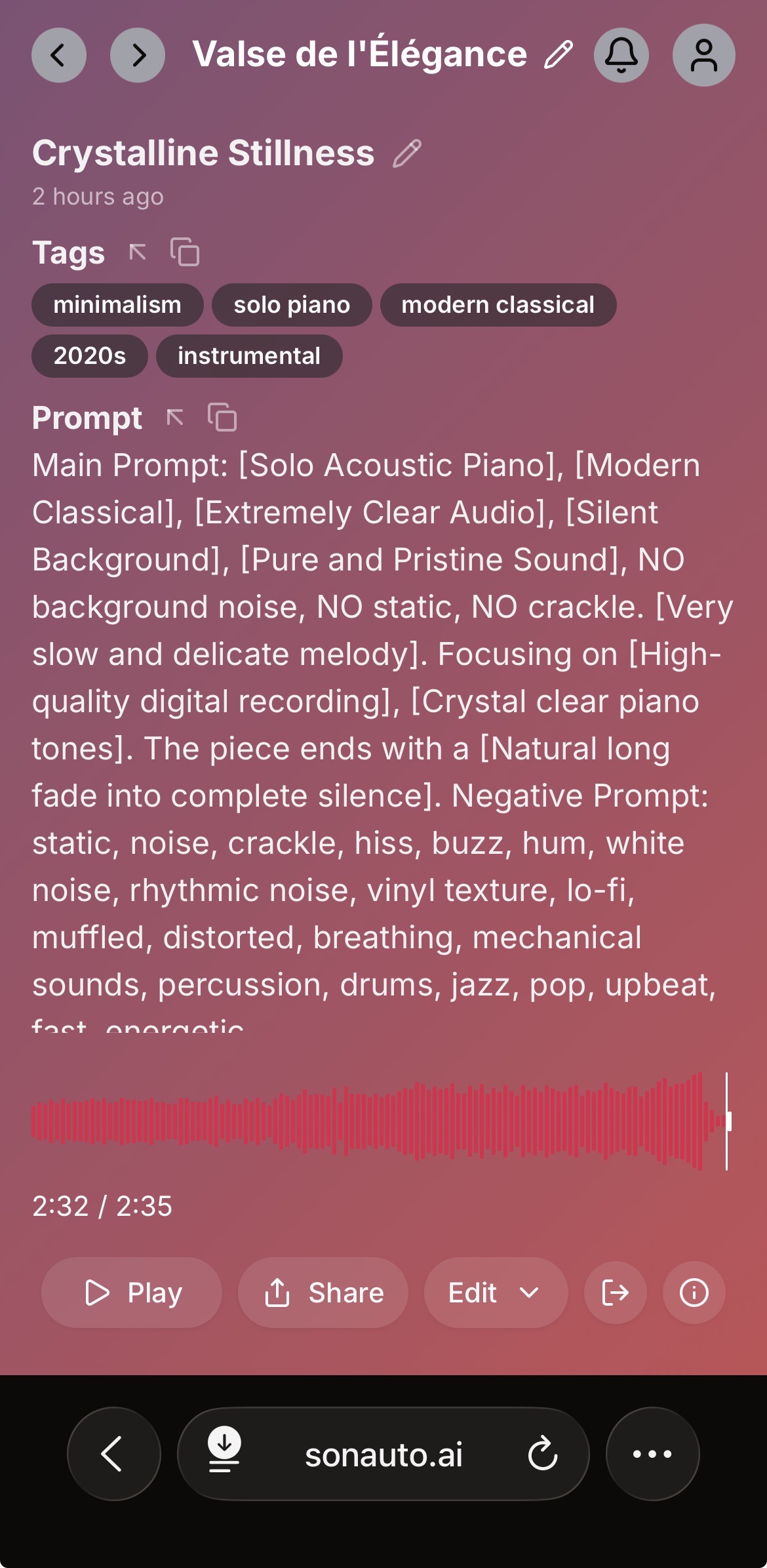 Sonauto 音楽生成プロンプト画面 (3-2) Crystalline Stillness