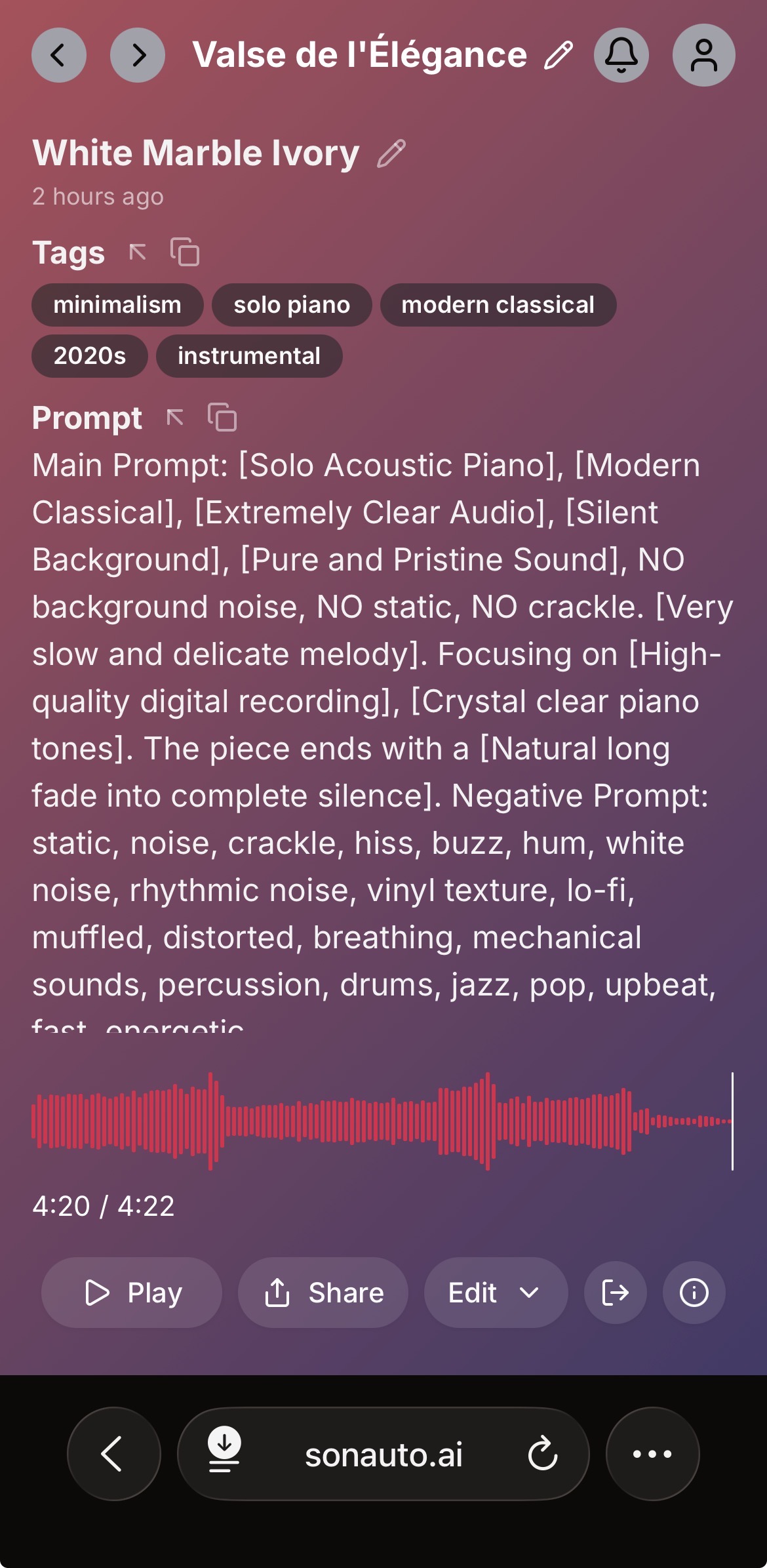 Sonauto 音楽生成プロンプト画面 (3-3) White Marble Ivory